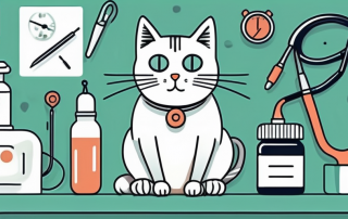 A cat sitting on a vet examination table with various medical equipment around