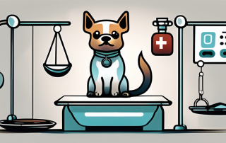 A dog sitting on a balance scale with a medical kit on one side and a question mark on the other side