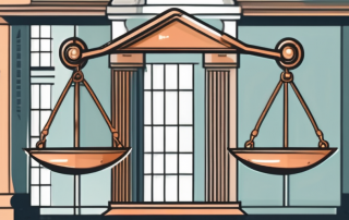 A balance scale with a shield symbolizing protection on one side and a government building on the other