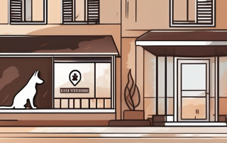 A veterinary clinic with a sign of a pet silhouette and a coin