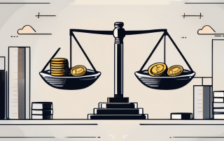 A balanced scale with a gavel on one side and a stack of coins on the other