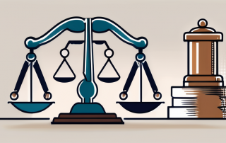 A balanced scale with a gavel on one side and a shield with a symbol of law (such as a paragraph symbol) on the other