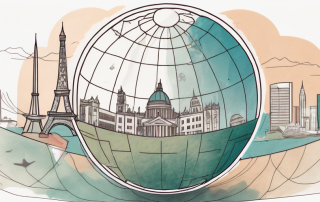 A globe with various international landmarks