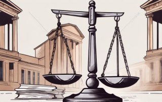 A balanced scale with legal documents on one side and a shield symbolizing protection on the other