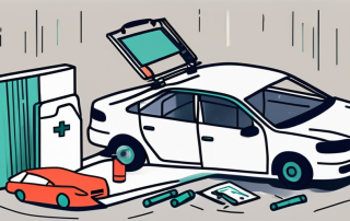 An insurance policy document next to a broken car and a medical kit