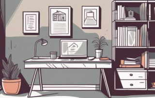 A home office with various items such as a laptop