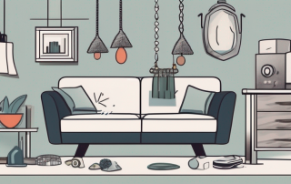 A house surrounded by various household items like furniture