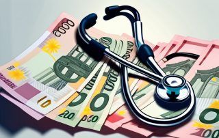 A medical stethoscope laying on top of a stack of euro bills