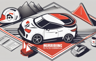 The nürburgring race track with various insurance-related symbols like shields