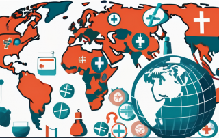 A globe with different medical symbols like a stethoscope