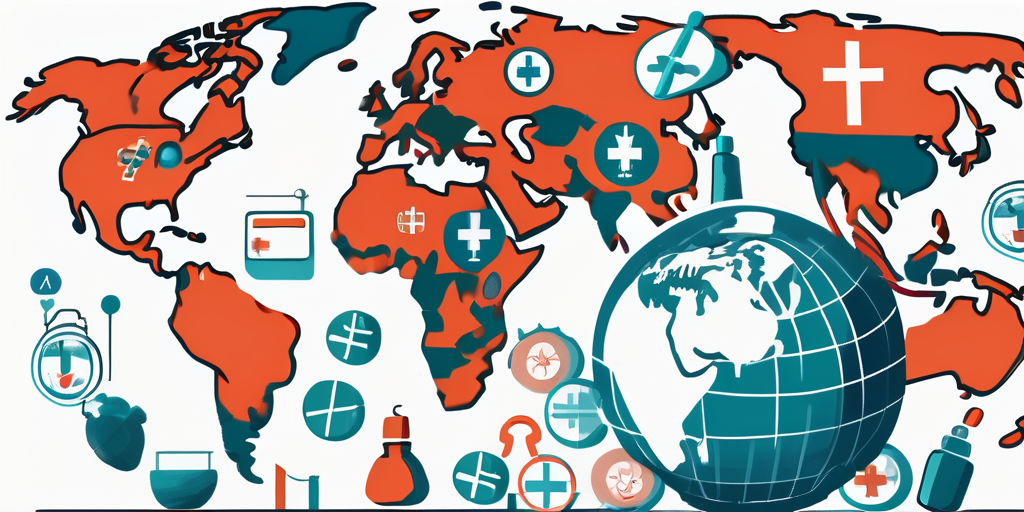 A globe with different medical symbols like a stethoscope