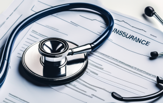 An insurance policy document next to a medical stethoscope and a broken tool