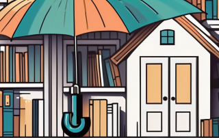 A protective umbrella covering a symbolic representation of a family home and a stack of books