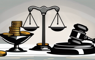 A balanced scale with a gavel on one side and a stack of coins on the other
