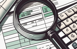 A magnifying glass hovering over a pile of utility bills and a calculator