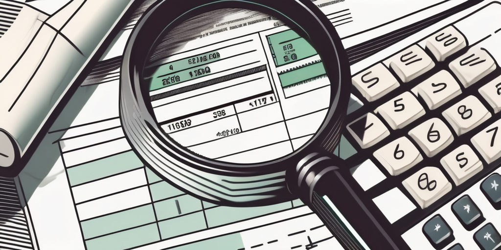 A magnifying glass hovering over a pile of utility bills and a calculator