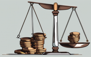 A balanced scale with a gavel on one side and a pile of coins on the other