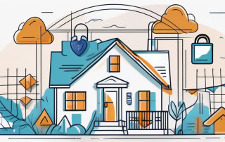 A home surrounded by various symbols of insurance like a shield