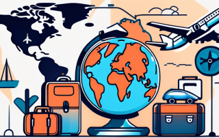 A globe with various travel icons such as an airplane