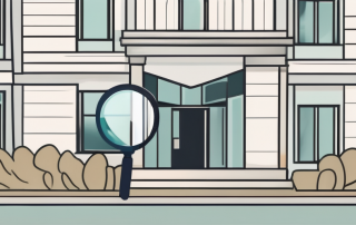 A residential building with a magnifying glass hovering over it