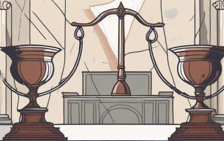 A balanced scale with a shield symbolizing protection on one side and a broken vase symbolizing liability on the other