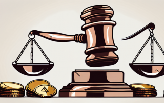 A balanced scale with a gavel on one side and a stack of coins on the other