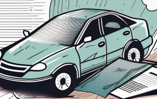 A crashed car next to an insurance policy document