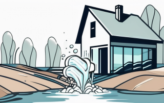 A house with water gushing out from a broken pipe underground