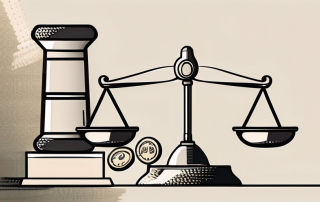A balanced scale with stacks of coins on one side and a gavel on the other