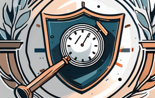 A gavel striking down on a shield