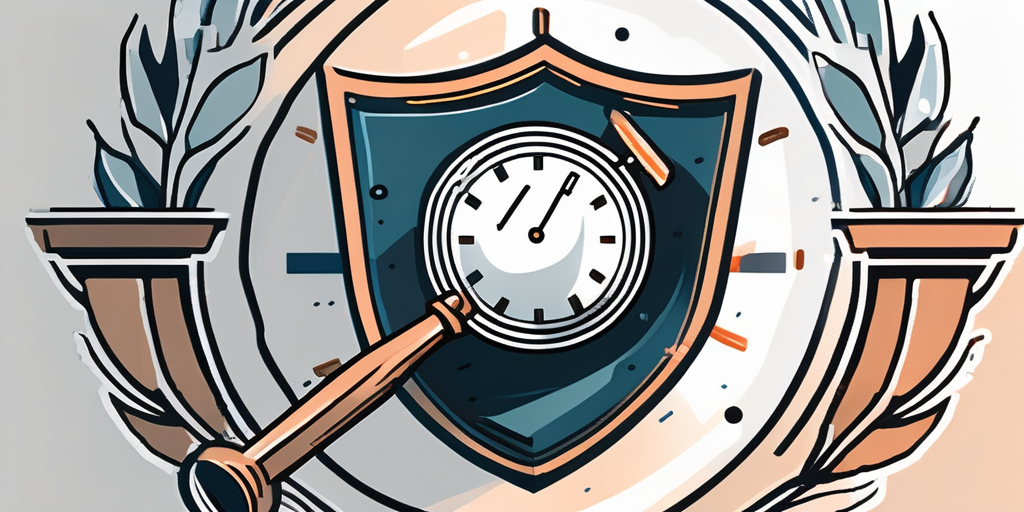 A gavel striking down on a shield