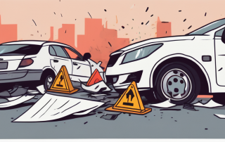 A car accident scene with a broken traffic signal and scattered insurance papers