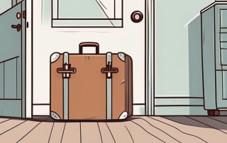 An empty room in a house with a single key on the table and a packed suitcase by the door