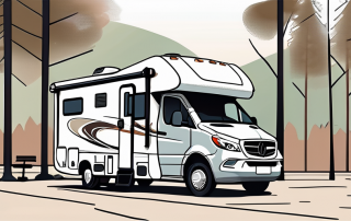 A private motorhome parked in a picturesque outdoor setting