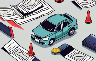 A car accident scene with a damaged vehicle and a broken traffic light