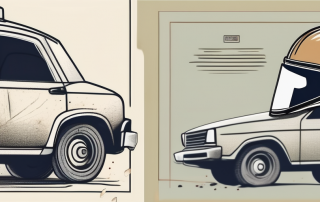 A vintage insurance policy document next to a broken vehicle and a safety helmet