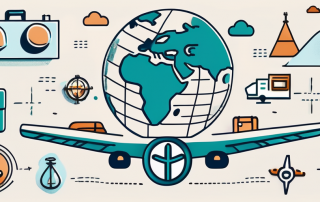A globe with different travel-related icons like an airplane