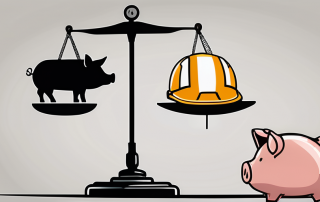 A balance scale with a safety helmet on one side and a broken piggy bank on the other