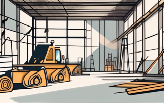 A construction site with various tools and safety equipment