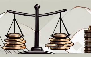 A balanced scale with stacks of coins on one side and a courthouse on the other