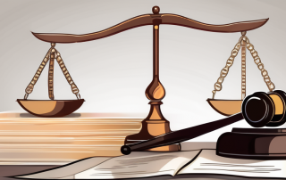 A balanced scale with legal gavel on one side and an insurance policy document on the other