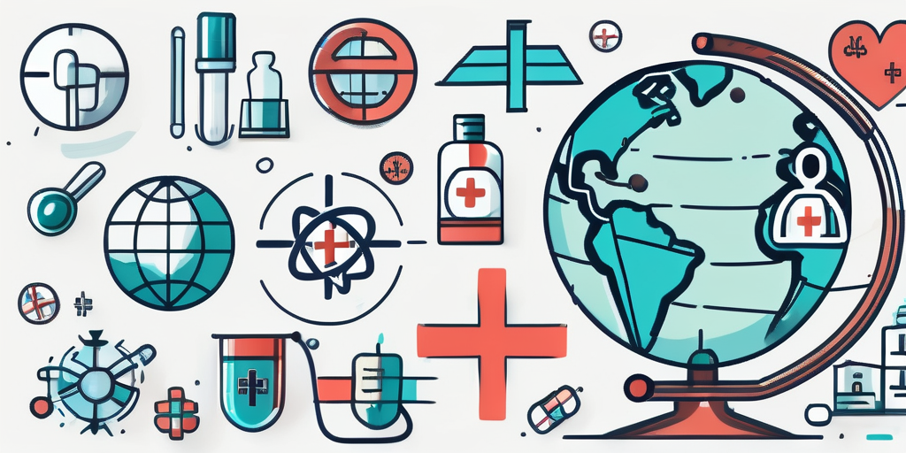 A globe with different medical symbols like a stethoscope