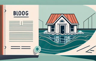 A house partially submerged in flood water with a safety lifebuoy floating nearby