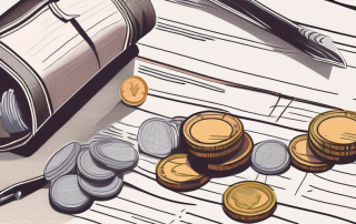 A wallet with coins and bills next to an insurance policy document and a broken vase
