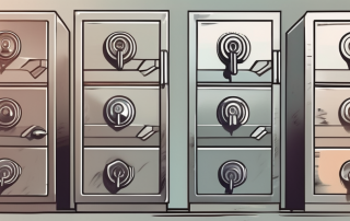 A safe deposit box with a key next to it