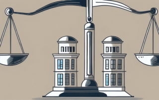 A balance scale with a shield symbolizing protection on one side and a government building on the other