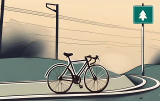A broken bicycle next to a street sign with a winding road symbol