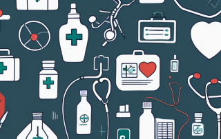 A health insurance card with a medical cross symbol and various healthcare related icons like a stethoscope