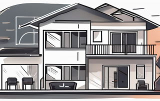 A residential building next to a collection of household items