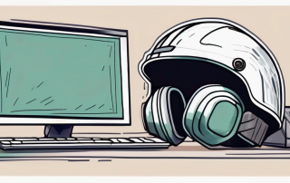 A computer with a safety helmet on top